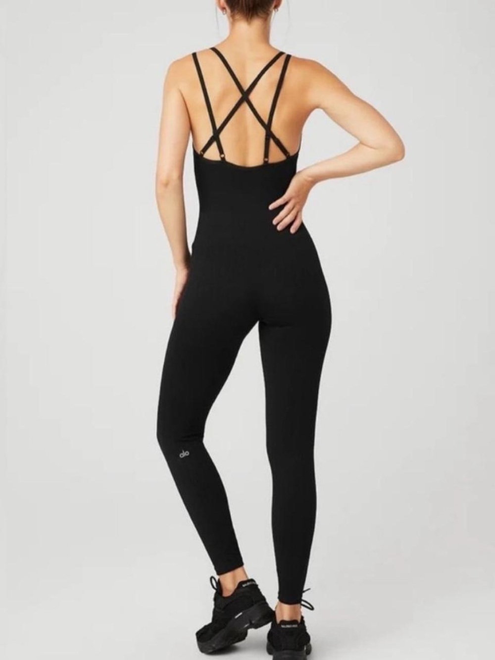 ALO YOGA Semi-Sheer Seamless Cable Knit Onesie in Black